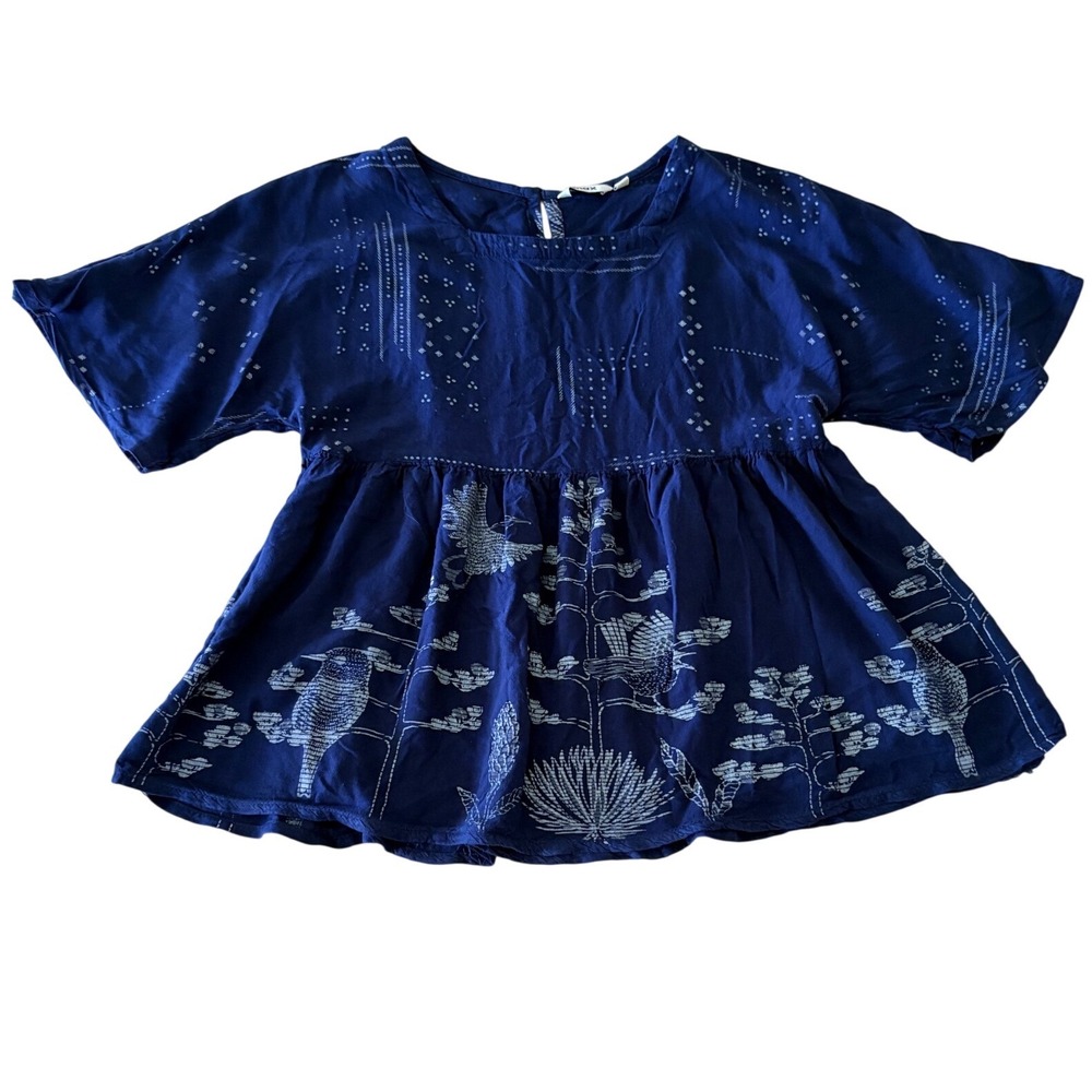 Max Blue Bird block style Print Babydoll Top Short Sleeve Viscose Blouse Small